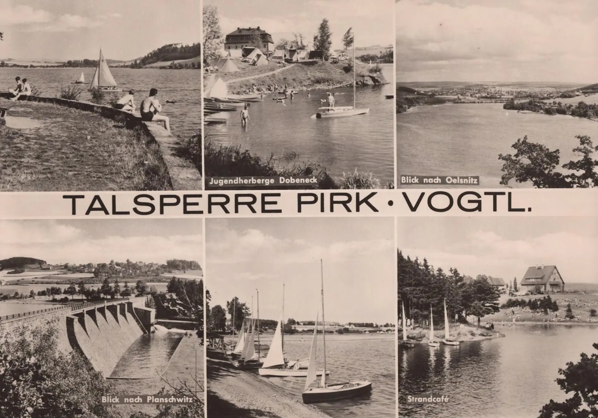 Talsperre Pirk - Vogtland-Jugendherberge Dobeneck-Blick nach Oelsnitz-Blick nach Planschwitz-Strandcafe, Pirk - Vogtland, Deutschland